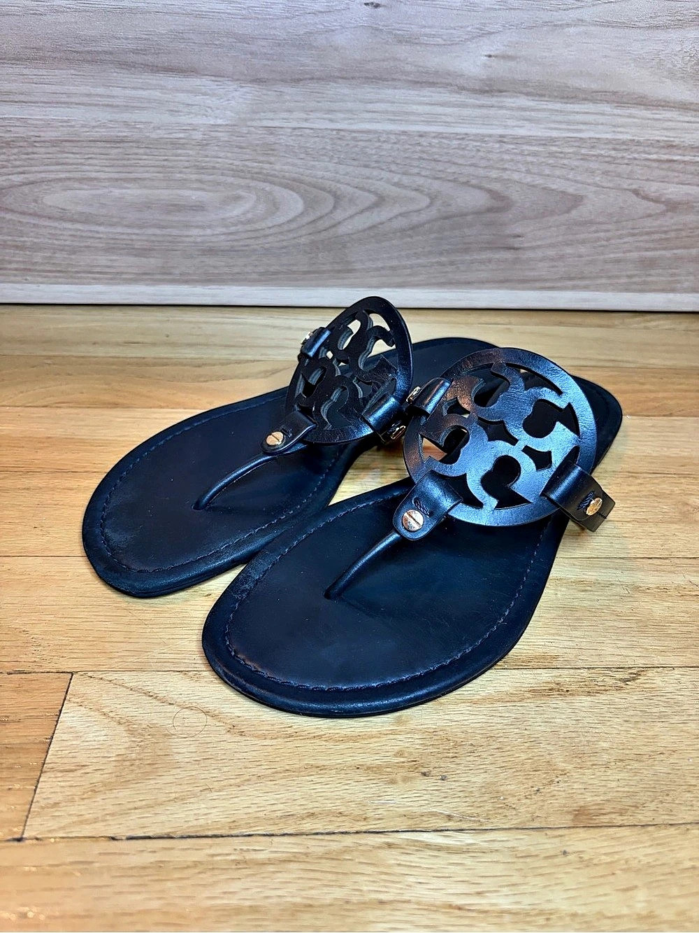 Tory Burch Miller Leather Logo Sandals in Black - Size 9.5